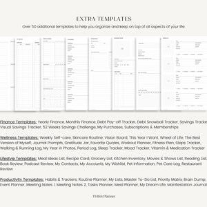 K&ouml;nnte beinhalten: Eine Sammlung druckbarer Planervorlagen mit verschiedenen Layouts f&uuml;r Finanzen, Wellness, Lifestyle und Produktivit&auml;t. Die Vorlagen umfassen Tracker, Listen und Planungsseiten zur Organisation und Verwaltung verschiedener Lebensbereiche. Der Text "EXTRA TEMPLATES" steht oben.