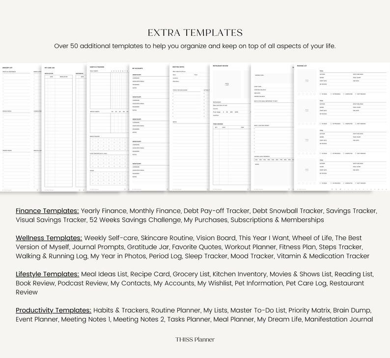K&ouml;nnte beinhalten: Eine Sammlung druckbarer Planervorlagen mit verschiedenen Layouts f&uuml;r Finanzen, Wellness, Lifestyle und Produktivit&auml;t. Die Vorlagen umfassen Tracker, Listen und Planungsseiten zur Organisation und Verwaltung verschiedener Lebensbereiche. Der Text "EXTRA TEMPLATES" steht oben.