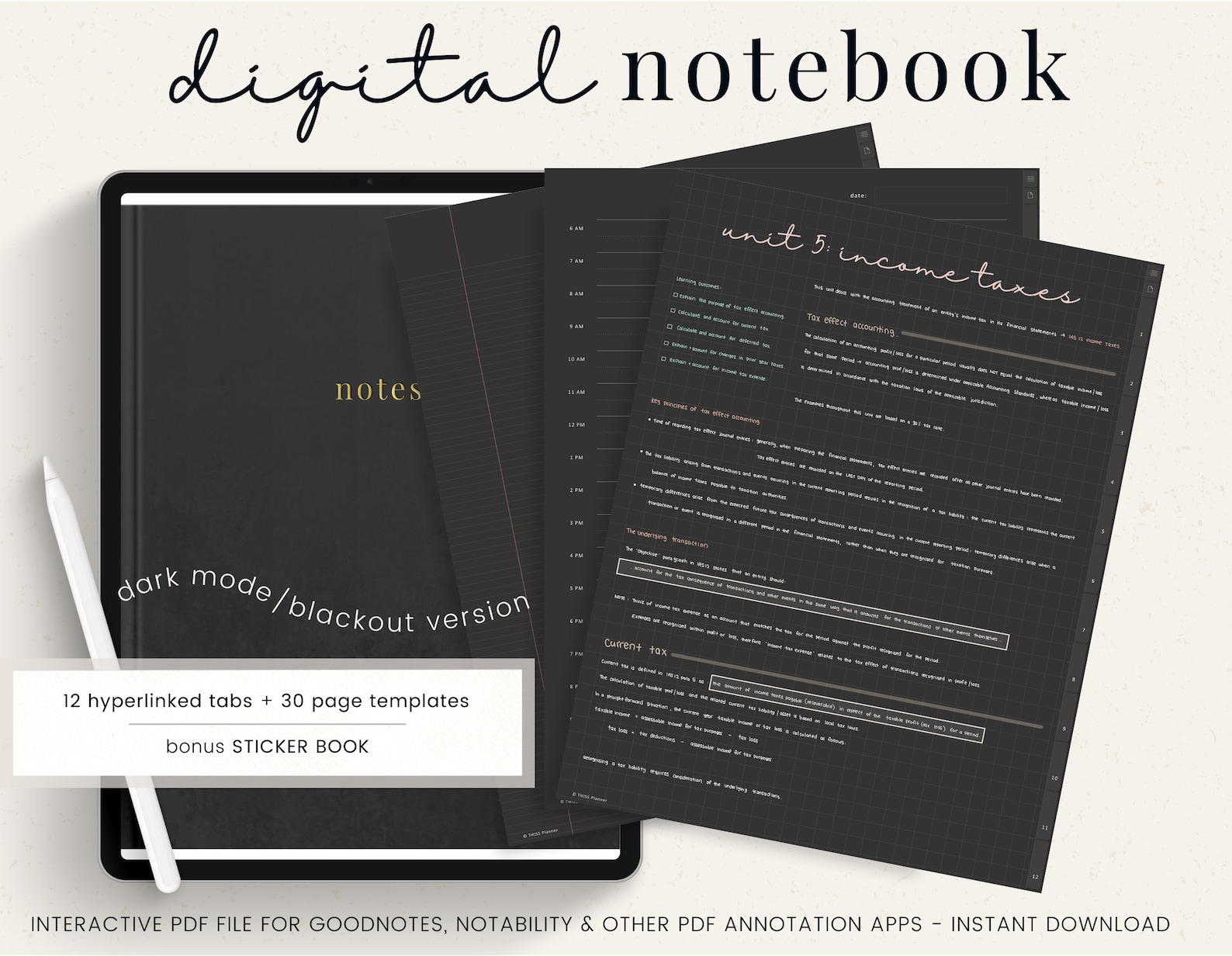 Dark Mode Digital Notebook - 12 Hyperlinked Tabs for Goodnotes ...