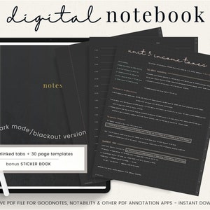 Dark Mode Digital Notebook - 12 Hyperlinked tabs for GoodNotes Notability PDF Template - Blackout Digital Notes Note taking Students