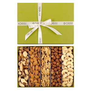 May include: A green gift box with a white ribbon and the word "DORRI" printed on it. The box is open and contains a variety of nuts, including almonds, cashews, walnuts, and hazelnuts.