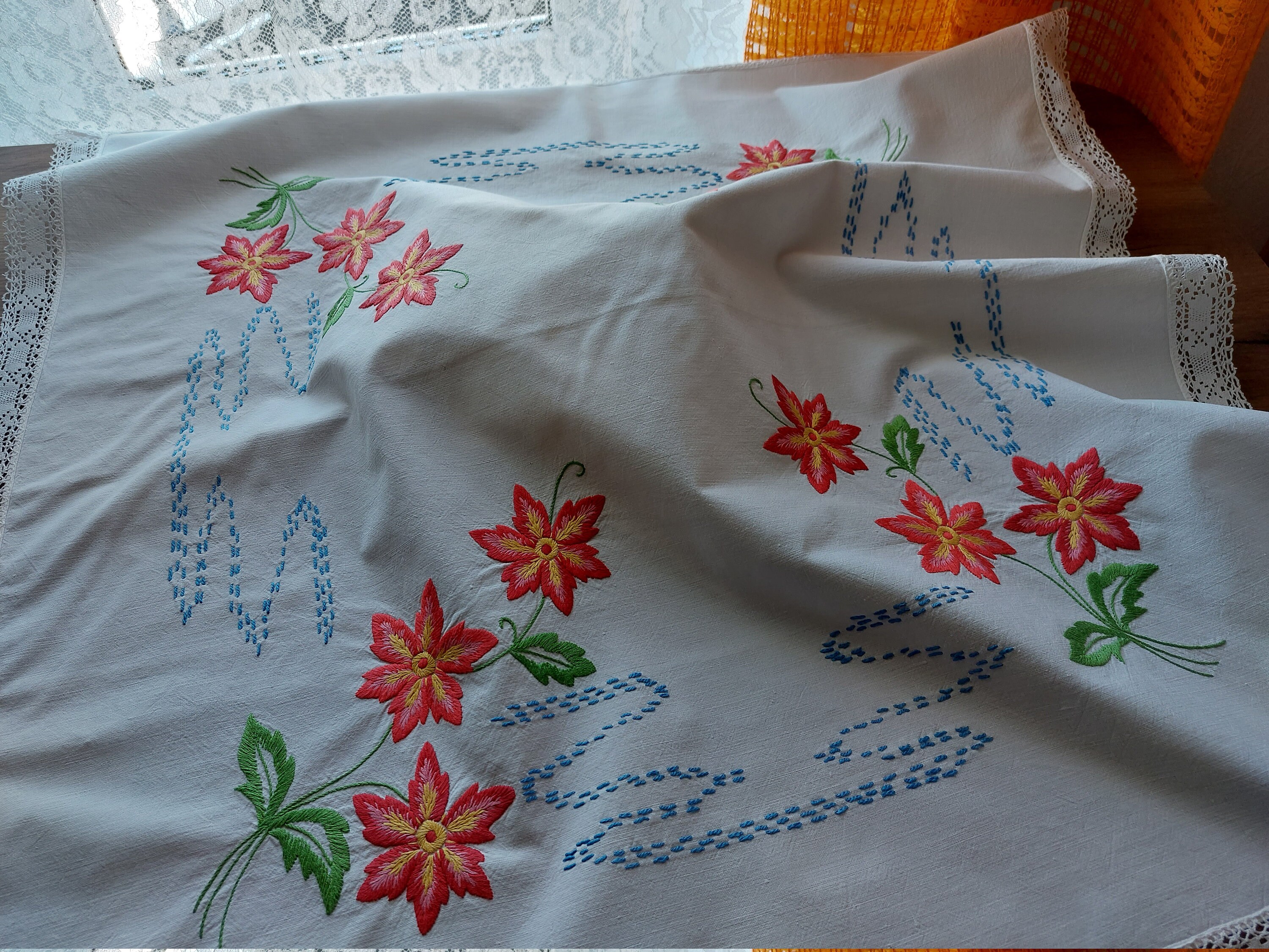 花柄刺繍 ヴィンテージ テーブルクロス ヴィンテージ フィレレース