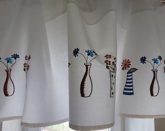 Vintage floral vases embroidered cotton valance curtain, Kitchen valance, kitchen curtain (A7)