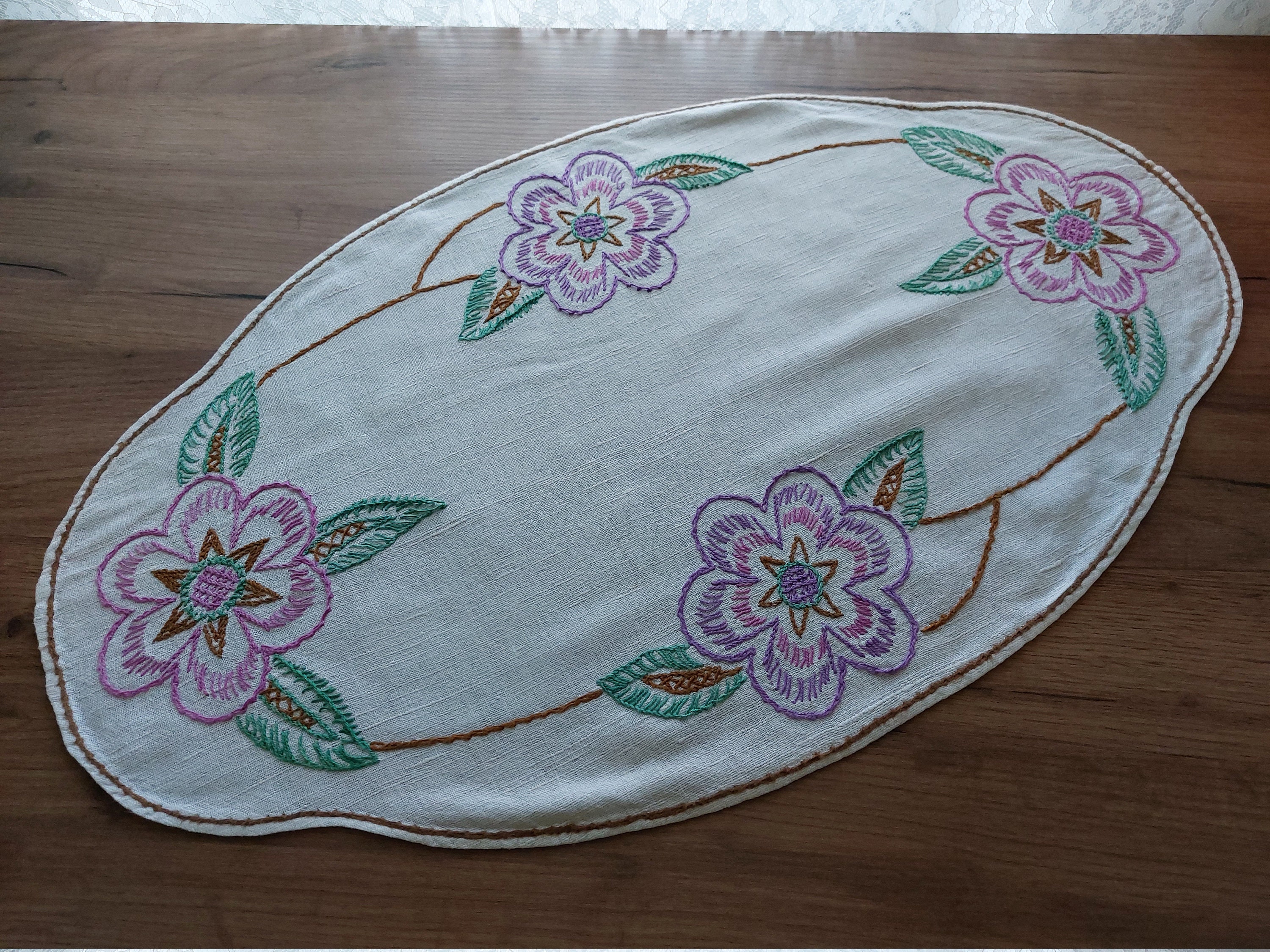 Home & Living Home Décor Hand Embroidered Floral Oval Dresser or Table Mat 1950s Vintage Doilies