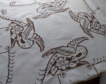 40s - 50s Hand embroidered square tablecloth , Scandinavian vintage table cloth , retro kitchen tablecloth, Mid century tablecloth (A11)