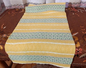 vintage Jaune blanc vert épais coton doux Handwoven coureur de table , coureur tissé vintage, coureur de table vintage , coureur de table (1)
