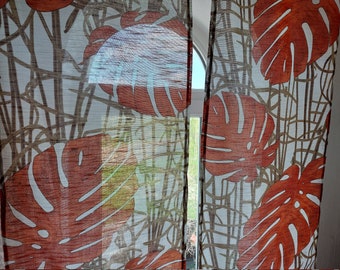 Pair of narrow tropical leaves printed thin cotton vintage curtains, curtains for one window narrow curtains, summer curtains, curtains (A6)