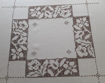 Antique handmade hand embroidered floral beige brown cotton - linen tablecloth - table mat, vintage Scandinavian textile (A10)