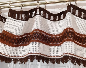 Vintage Decorative wool - cotton Scandinavian valance curtain, vintage valance curtains ,White brown dark brown valance cafe curtains (1)