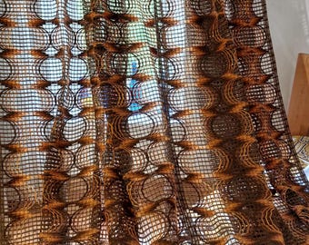 Vintage Brown Woven Curtain Panels: 70s Acrylic Sheer Curtains, 78.7&quot; Long