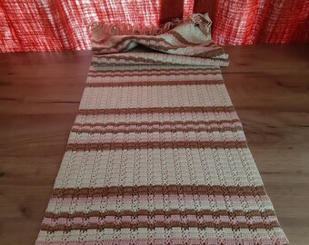 Vintage Handwoven Thick cotton table runner, table topper, table dressing, Beige brown pink striped table runner (A2)