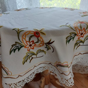 Runde handgemachte florale dünne Baumwoll-Tischdecke, Retro-Runde Küchen-Tischdecke, skandinavische Vintage-Tischdecke mit Spitzenkanten (A7)