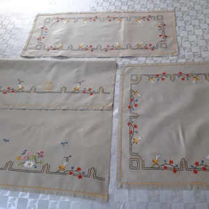Set of 3 Pieces Antic Hand embroidery Cafe curtain - table runner - table mat Scandinavian , Rustic kitchen warming , Farmhouse decors (10)