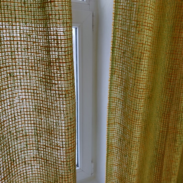 Pair Of Large Vintage woven thick soft acrylic curtain panels , Light green with Yellow curtains, Vintage curtains, Decorative curtains (A3)
