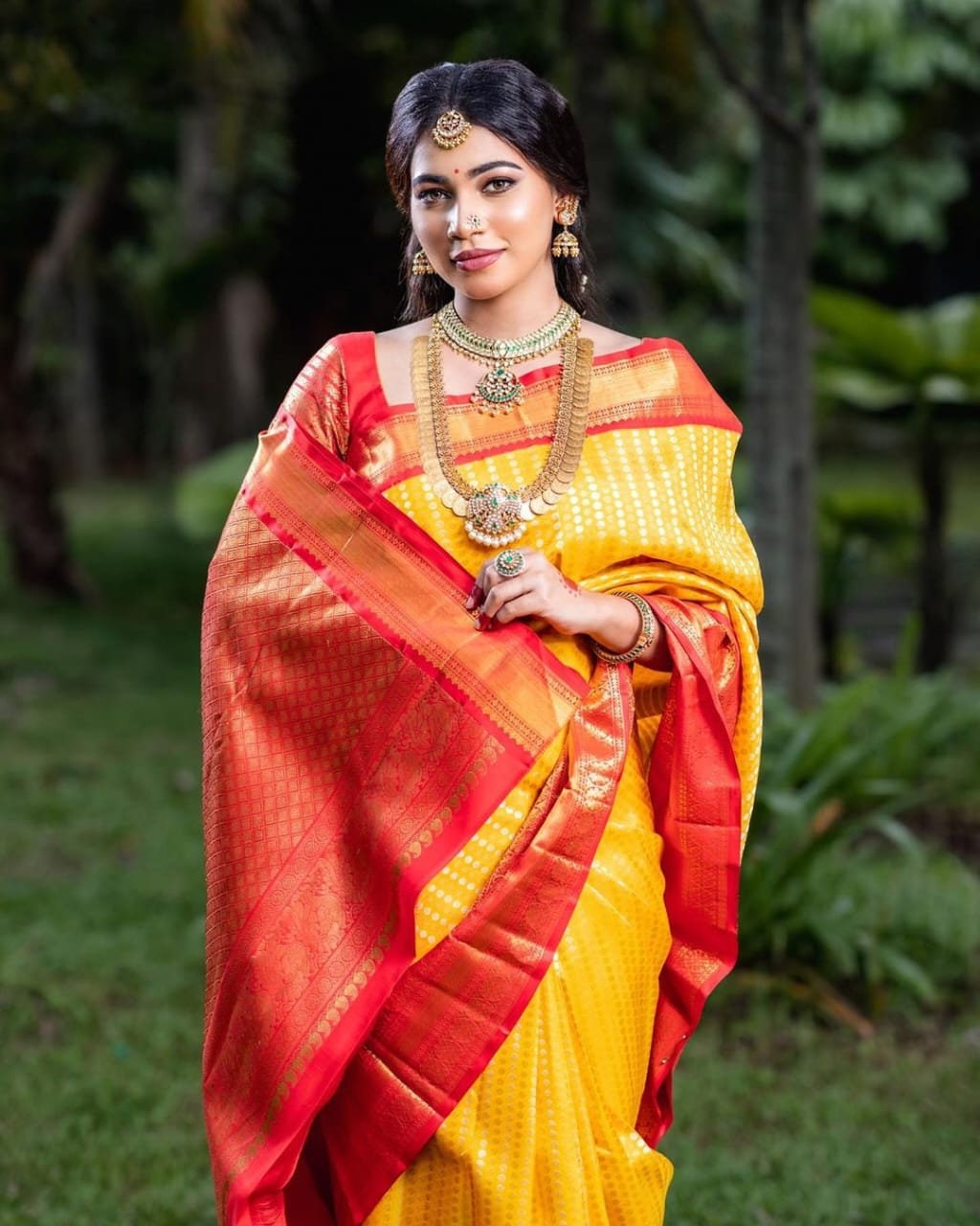 South Indian Kanchipuram Yellow Silk Saree Stitched Blouse - Etsy