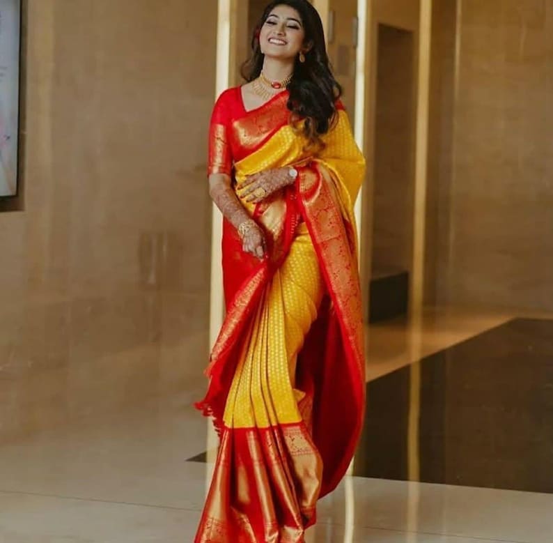 Indian saree designer kanchipuram yellow silk saree Red Border image 5