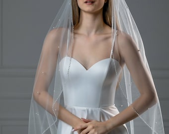 Beaded Bridal Veil, Bridal Wedding Veil, Beaded Wedding Veil, Simple Wedding Vail, Etsy Wedding Veils, Beaded Edge Veil, Modern Wedding Veil