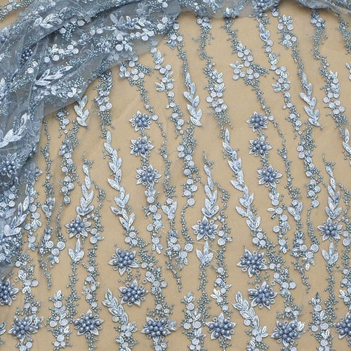 3d Floral Fabric Blue Mesh Lace Beaded Fabric Sheer Flower Etsy