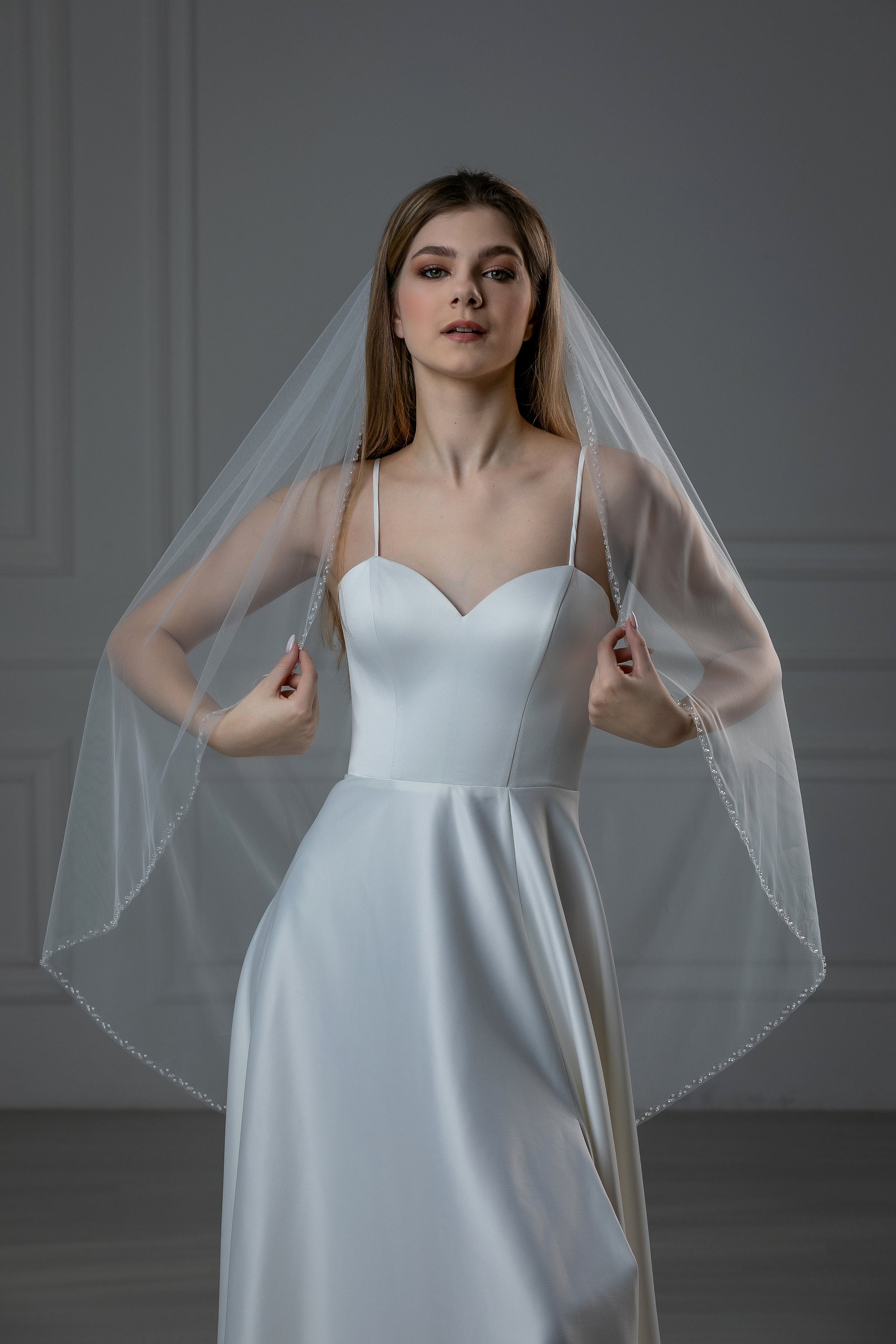 Bridal Crystal Beaded Edge Soft Wedding Veil