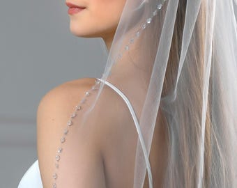 Crystal Strand Wedding Veil with Vertical Beading, Italian Tulle Bridal Veil