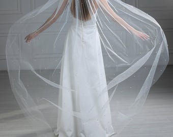 Scattered Pearl Wedding Veil, Floor Length Ivory Bridal Veil