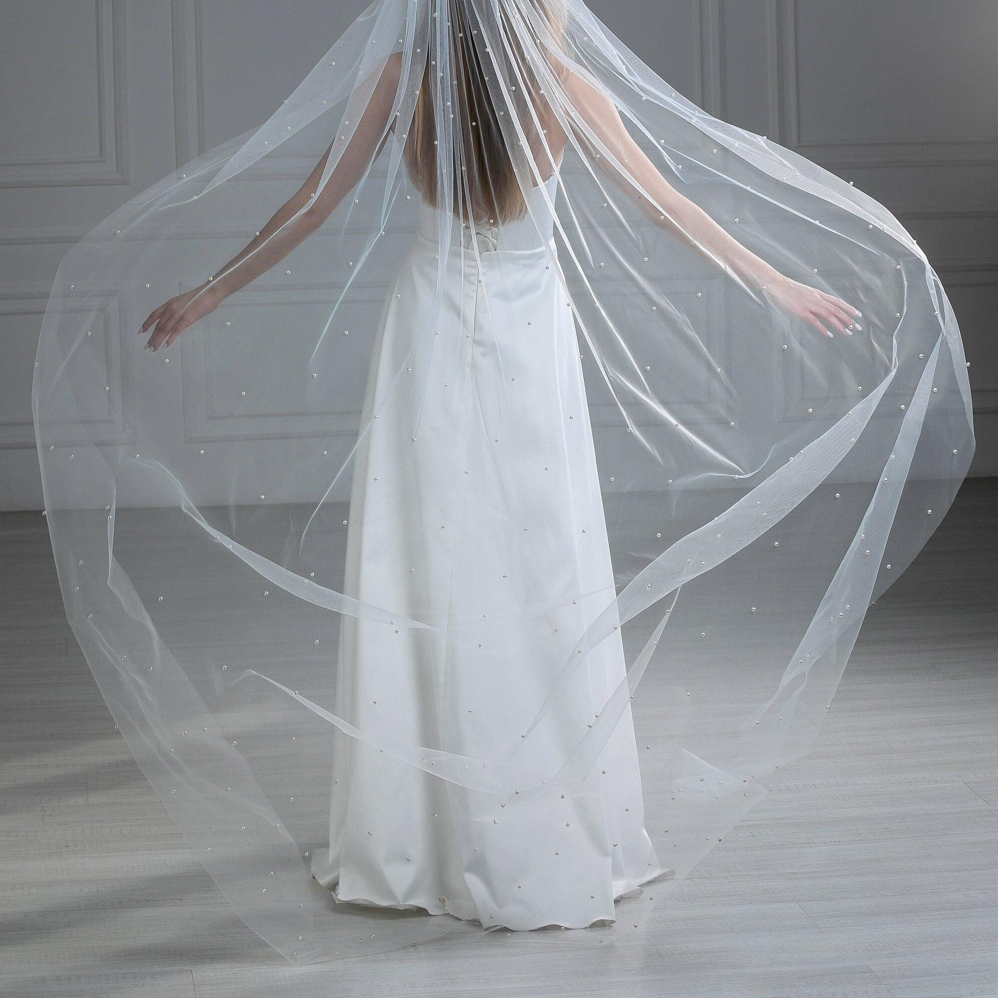 Scattered Pearl Wedding Veil, Floor Length Ivory Bridal Veil 