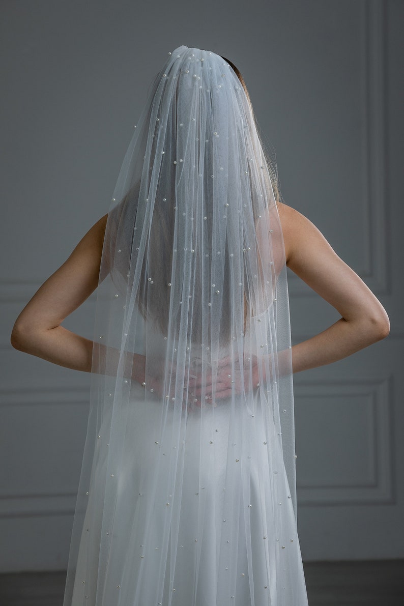 Bridal pearl veil, pearl wedding veil, pearl veil for bride, veil with pearls, cathedral pearl veil,fingertip wedding veil,royal pearls veil image 7