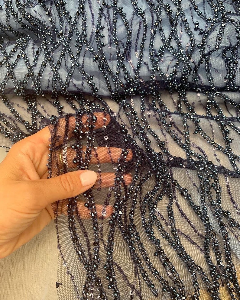 Black Beaded Lace Fabric Pearls Lace Black 3d Luxury Guipure Etsy