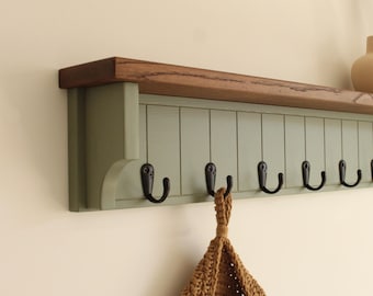Handmade Olive Green Coat Rack with Rustic Oak Shelf, Farmhouse Entryway Organizer Hooks
