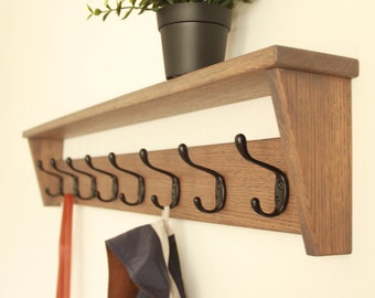 Oak wall mounted coat rack wall hook shelf for hallway, bathroom, bedroom or utility room.