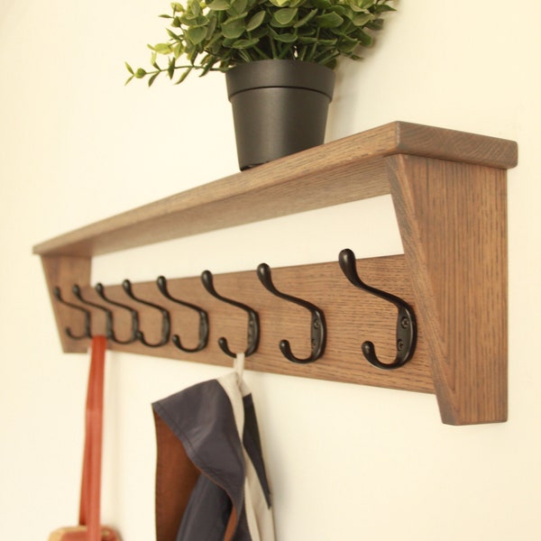 Oak wall mounted coat rack wall hook shelf for hallway, bathroom, bedroom or utility room.