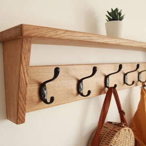 Solid Wood Oak Coat Hooks, Wall Coat Rack With Shelf Entryway