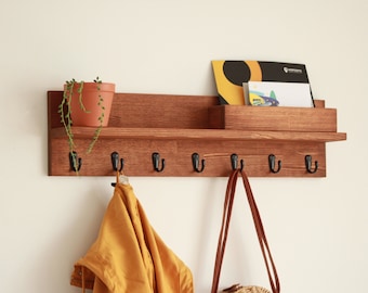 Entryway rack organizer shelf, wooden coat rack wall mount