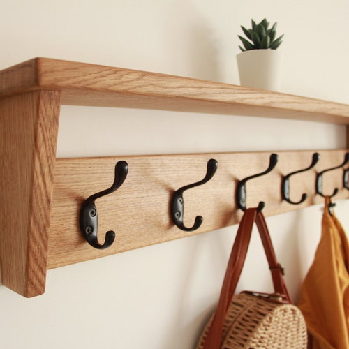 Solid Wood Oak Coat Hooks Wall Rack With Shelf Entryway Solid Wood Oak Coat Hooks Wall, Solid Oak Coat Rack With Storage Shelf