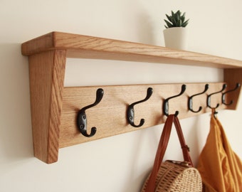 Solid wood oak coat hooks, Wall coat rack with shelf entryway, hallway or mudroom