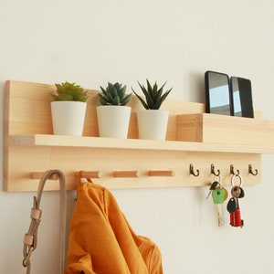 Coat rack with shelf, Entryway organizer shelf with peg rail Natural