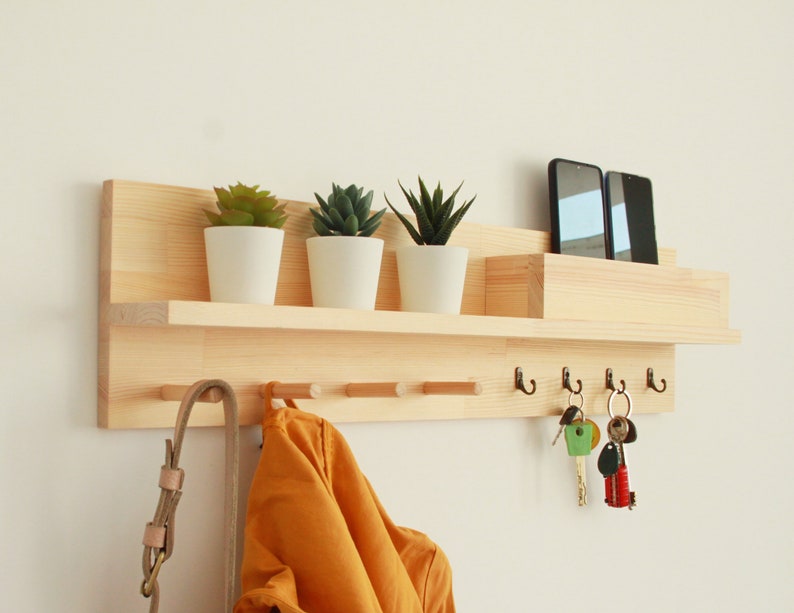 Coat rack with shelf, Entryway organizer shelf with peg rail Natural