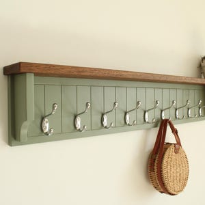 Rustic Wall Coat Rack with Oak Shelf – 10 Hooks, Handcrafted Entryway Organizer, Farmhouse Hallway Decor