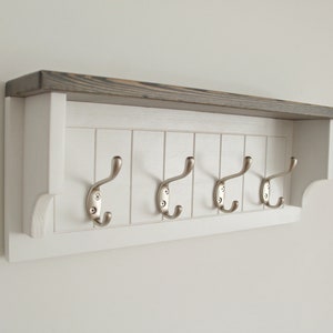 Wooden towel rack with shelf, wall coat rack White + gray