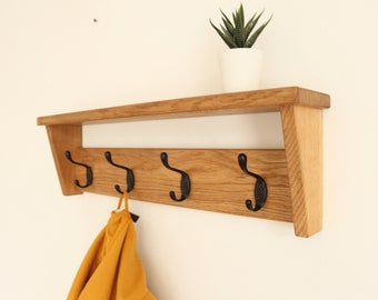 Oak wall coat rack with shelf, towel rack, hat rack