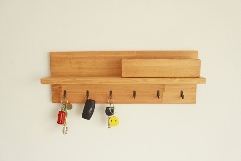 Key and coat rack entryway, Key holder for wall, Mail organizer Oak