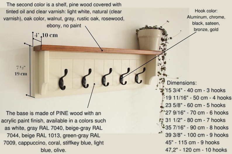 Wall mounted coat hooks, Entryway shelf, Hat rack image 2