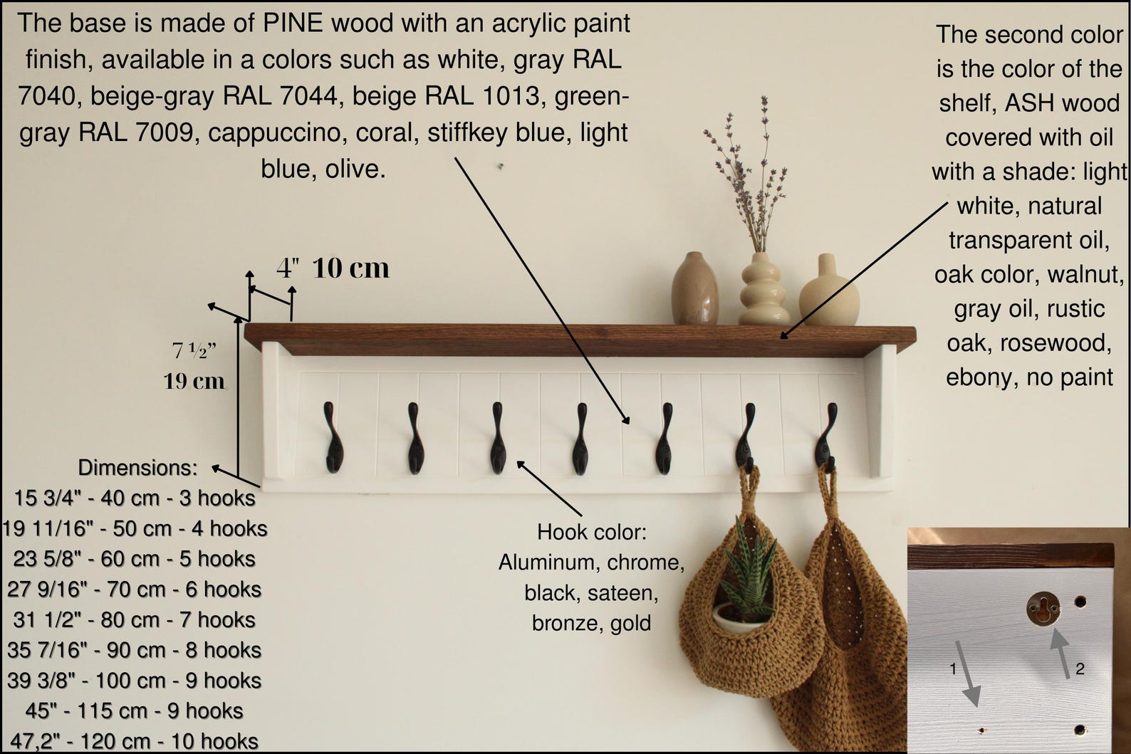 White Wall Coat Rack With Ash Wood Shelf, Entryway Organizer - Etsy