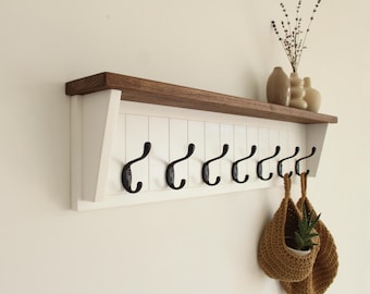 Porte-manteau mural blanc avec étagère en bois de frêne, organisateur d'entrée