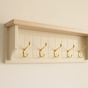 Farmhouse Coat Rack with Shelf: Entryway Wall Hanger, Beech & Beige
