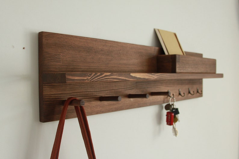 Coat rack with shelf, Entryway organizer shelf with peg rail Rustic oak