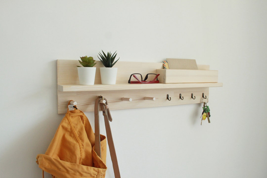 Modern Pinewood Entryway Shelf With Hooks: Wall Organizer