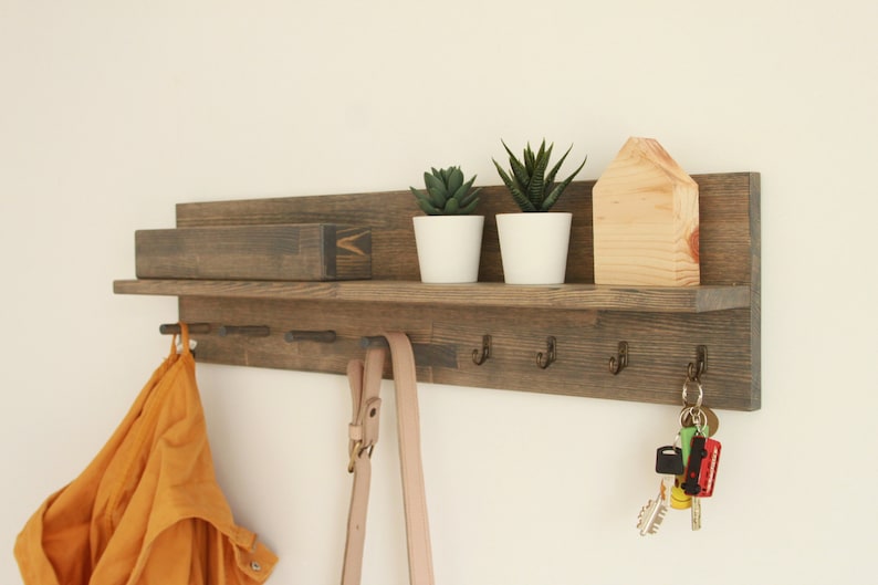 Coat rack with shelf, Entryway organizer shelf with peg rail Gray oil