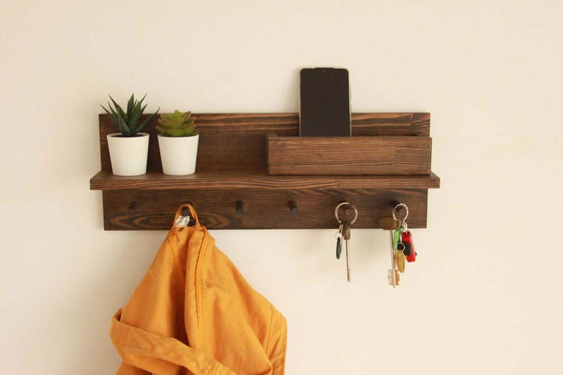 Coat rack with shelf, Key Holder for Wall, mail organizer Rosewood