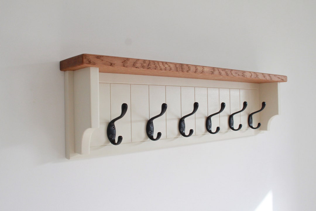 Handcrafted Oak Entryway Organizer: Wall Hook Rack With Metal Hooks - Etsy